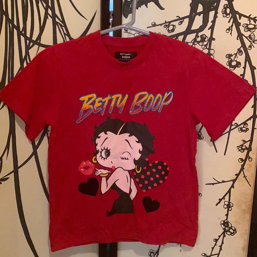 Betty Boop+Reason Big Girls Red Stone Wash Tee W/Patchwork Details